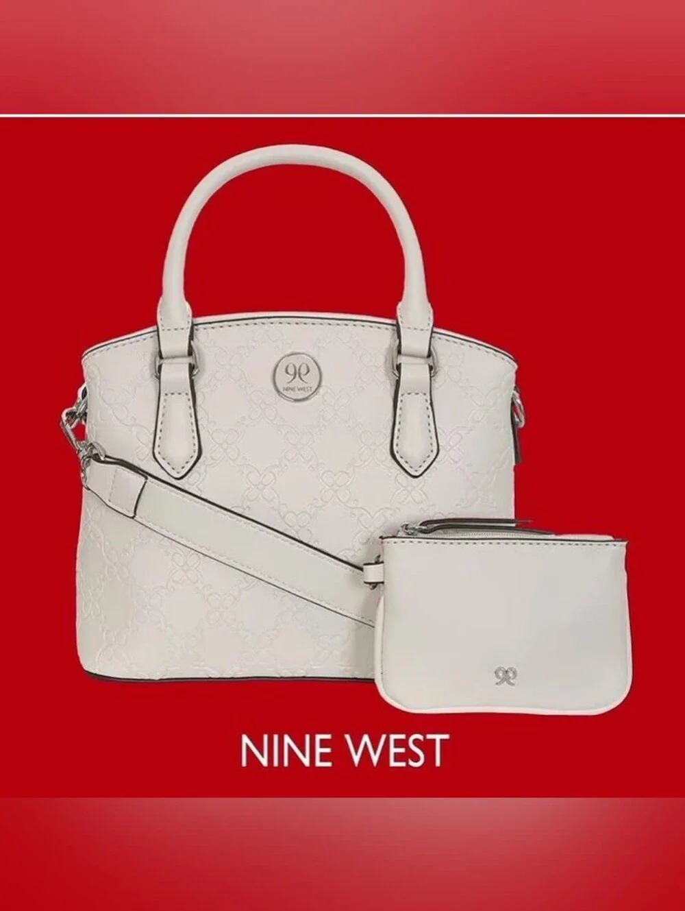 Nine West Cream Embossed Satchel with Detachable Crossbody and  Coin Pouch